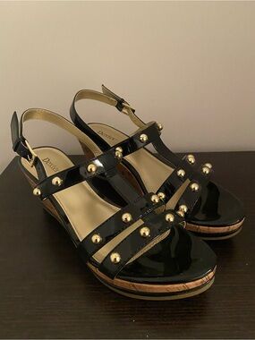 Dexter Black Patent Stud-Embellished Wedge Sandals